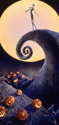 This live wallpaper showcases a breathtaking hillside covered in green grass with vibrant orange pumpkins featuring Jack and Sally's faces