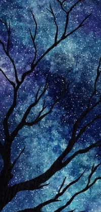 This phone live wallpaper features a captivating painting of a tree against a galaxy-inspired background