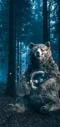 This digital art live wallpaper features a bear as a samurai holding a bubble in the middle of a photo-manipulated forest environment