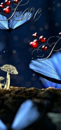 Transform your phone with this stunning live wallpaper featuring blue butterflies gracefully fluttering over a colorful mushroom