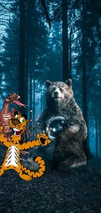 This live wallpaper features a captivating image of a tiger and a bear in a mystical forest setting surrounded by vibrant foliage and mystical creatures such as ultraterrestrial dragons and fursuits