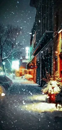 This phone live wallpaper showcases a serene winter street scene blanketed with snow beside high-rise buildings