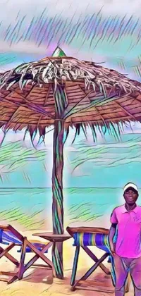 This stunning live wallpaper for your phone features a tranquil beach scene with a man sitting under a colorful umbrella