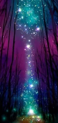 Our phone live wallpaper features a mystical and serene digital art of a forest filled with trees, stars, and neon colors in purple and blue