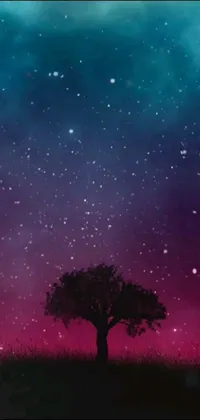 This phone live wallpaper exhibits a captivating tree standing proudly on a lush green meadow, further complemented by a serene color palette, showing blue and pink shades