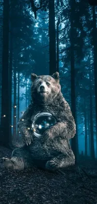 Enhance your phone's screen with a magnificent digital phone live wallpaper of a brown bear placed in the middle of a forest - featuring a glowing orb