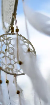 Looking for a calming and serene live wallpaper for your phone? Check out this high-detailed white dream catcher image! The focus is entirely on the foreground, showcasing the fine design and delicate feathers of the dream catcher