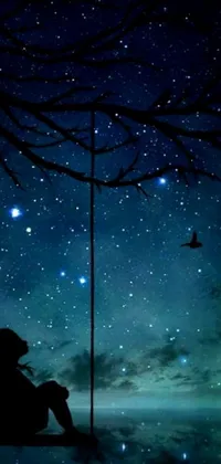 Looking for a charming live wallpaper to liven up your phone screen? Look no further than this picturesque scene, featuring a tranquil girl on a swing beneath a dazzling starry sky