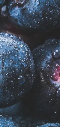 This stunning live wallpaper features a close-up shot of fresh blueberries, hyper-realistic in style, with droplets of rain decorating the walls