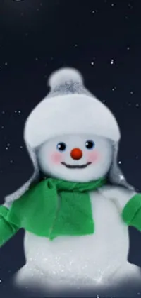 Get in the holiday spirit with this delightful live wallpaper for your phone! Featuring a cheery snowman wearing a green scarf and white hat, this image is zoomed in for a detailed view of this toy commercial favorite