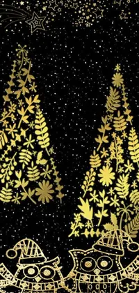 This stunning live wallpaper features a gold Christmas tree with intricate geometric patterns set against a black background