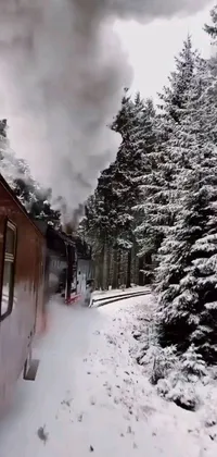 This phone live wallpaper depicts a charming and serene winter scene of a train traveling through a snow-covered forest