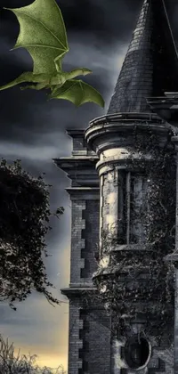 This phone live wallpaper features a towering, gothic building overflowing with overgrowth and intricate detailing