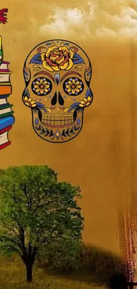This phone live wallpaper features a stunning skull atop a heap of books next to a tree against a black background