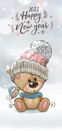 This live wallpaper for phones features a cute teddy bear wrapped in a festive knitted hat and scarf
