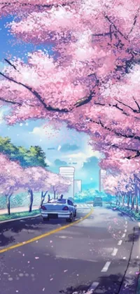 This live wallpaper for phone shows a street lined with trees in full bloom with pink blossoms in a sunny day with an anime style