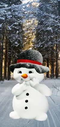 This stunning live wallpaper depicts an adorable 3D snowman standing in the midst of a snowy forest path