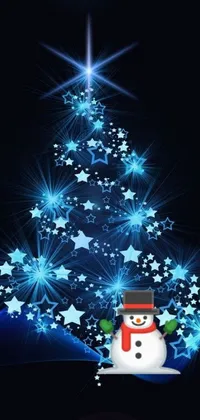 This phone live wallpaper features a snowman and Christmas tree against a black background with a blue border