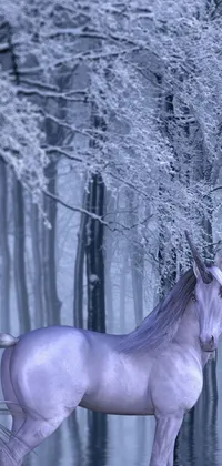 This live wallpaper features a white horse by a body of water in a snowy forest