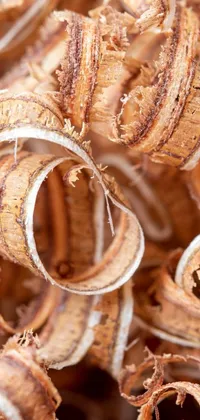 This live phone wallpaper features a close-up macro photograph of a pile of dried bananas sitting on a wooden table, with a unique combination of cyber copper spiral decorations and a birch bark texture background
