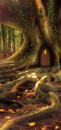 This enchanting phone wallpaper depicts a house nestled within the trunk of a majestic tree set in a mystical forest