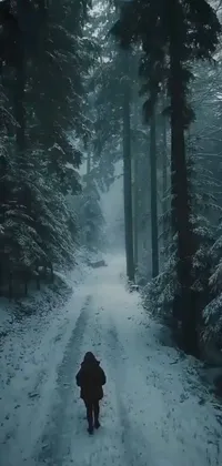 This phone live wallpaper showcases a stunning matte painting of a snow-covered road with a bike rider pedaling through the scene