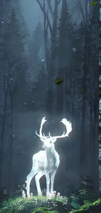 This phone live wallpaper features a serene and enchanted forest scene with a white deer as the focal point