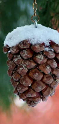 This snowy pine cone wallpaper adds a sense of calm and wonder to your mobile device