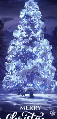 This digital live wallpaper features a stunning Christmas tree in a snowy field, complete with heavy blue LED lights