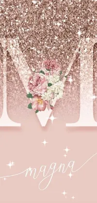 This charming live wallpaper showcases the letter 'm' enveloped by beautiful flowers and foliage on a stunning pink, rose gold background with glitter elements