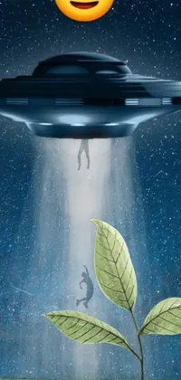 This live phone wallpaper features an otherworldly scene of an alien hovering above a vibrant plant, flying saucer in the horizon, and people running in fear