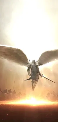 Get ready for epic battle scenes with this stunning phone live wallpaper! Picture yourself soaring through the air while holding a sword, just like a biblical accurate angel