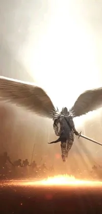 This live wallpaper features a stunning concept art of an angel flying in the sky against a glorious sunlight