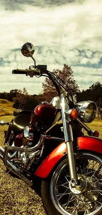 Get ready to hit the open road with this stunning live wallpaper for your phone! Featuring a vibrant red motorcycle parked in a verdant field, this wallpaper exudes photorealism with its perfect crisp sunlight and country road in the background