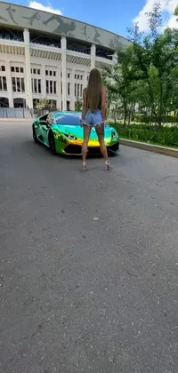 Looking for a dynamic live wallpaper for your phone? Look no further than this vibrant depiction of a woman standing in front of a stunning sports car
