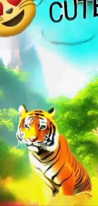 This live wallpaper is a stunning depiction of a tiger and a cat basking in a mesmerizing field, amidst a beautiful forest in the backdrop