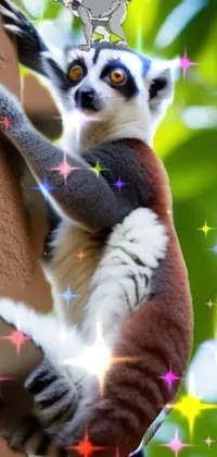 This phone live wallpaper features a charming lemur on a tree, captivating viewers with its elegant pose