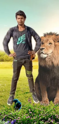 Enhance your phone's display with a realistic live wallpaper of a man standing next to a majestic lion in a lush field