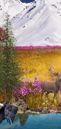 Experience the magic of nature with this breathtaking phone live wallpaper! Featuring a stunning painting of a deer in a field, with a majestic mountain range in the background, this digital art masterpiece is sure to transport you to a world of wonder