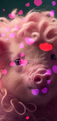 This mobile wallpaper showcases a close-up view of a playful and expressive pig with curly pink hair, painted in a photorealistic style