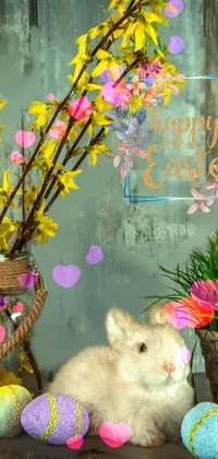 Bring the joy of Easter to your phone with this charming live wallpaper featuring a hamster sitting next to a basket of colorful eggs in a rustic spring setting