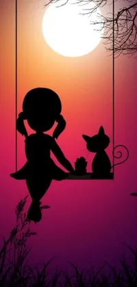 This mobile live wallpaper features a charming silhouette of a girl swinging with a cat