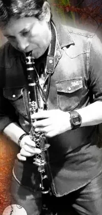 This mobile wallpaper showcases a stunning black and white photograph of a man playing a saxophone with remarkable photorealism