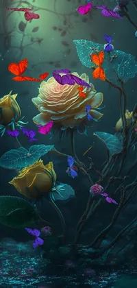 This vivid live wallpaper features a group of yellow roses set on a lush green field with vibrant petals swaying in the wind