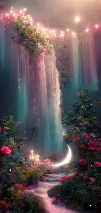 This phone live wallpaper showcases a vibrant waterfall set within a lush green forest