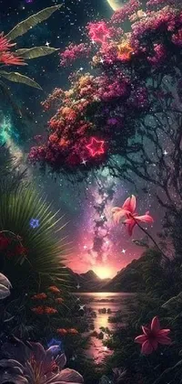 This mobile wallpaper showcases a striking painting of flowers and trees set against the backdrop of a full moon, designed to elevate your phone's appearance