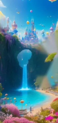 Transform your phone into a portal to the fantastical with this stunning live wallpaper! Featuring a breathtaking painting of a cascading waterfall and majestic castle, this candyland-like image delights with a vivid and immersive macro view of a bustling enchanted town filled with flying creatures, colorful buildings and boats cruising along the river