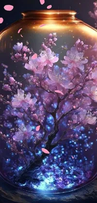 This mobile wallpaper is a magnificent digital artwork that showcases a glass jar featuring a stunning tree with delicate cherry blossoms