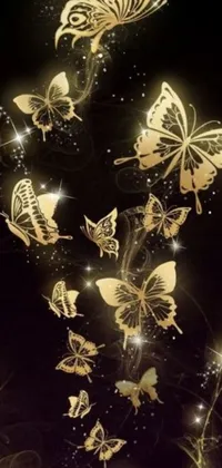 This live wallpaper for phones showcases golden butterflies in flight against a dark background