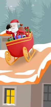 This phone live wallpaper features a delightful cartoon of Santa Claus riding his sleigh atop a snow-covered roof